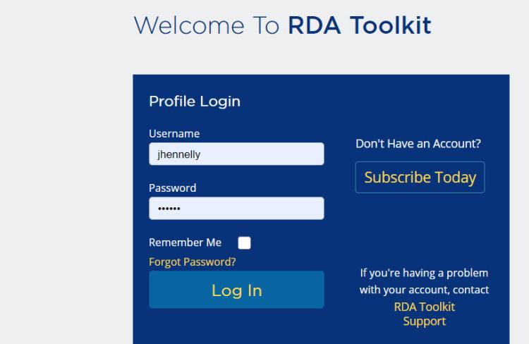 RDA Toolkit Login Box